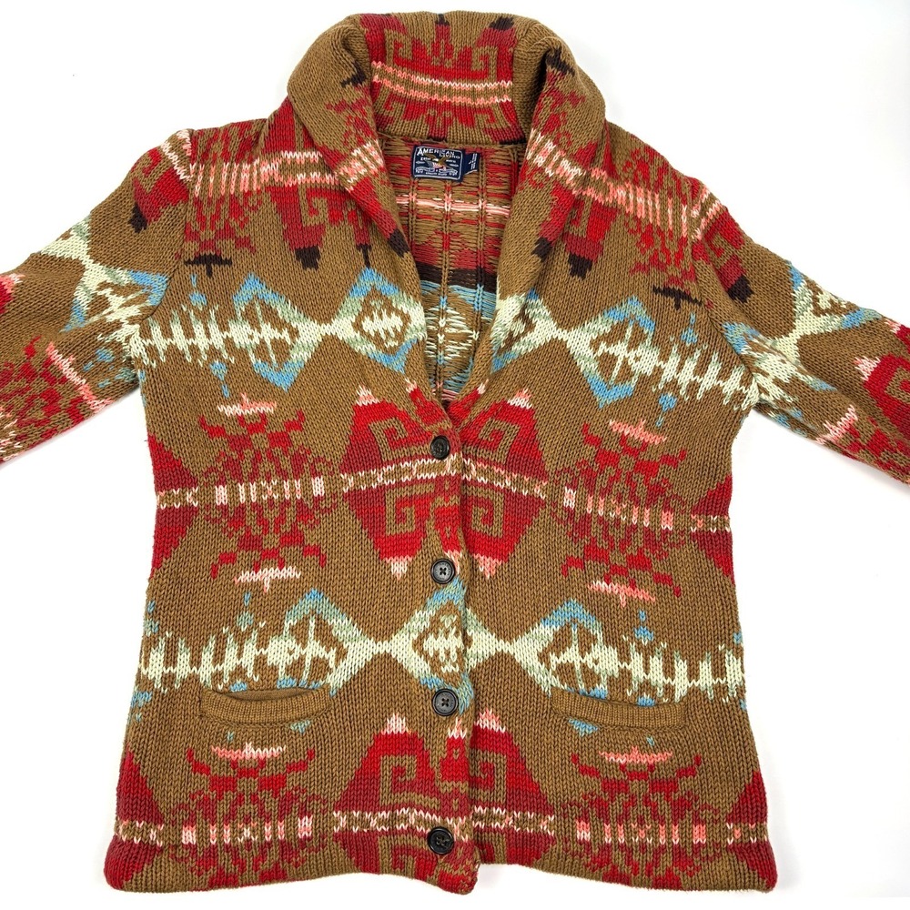VTG Ralph Lauren American Living Cardigan Sweater Womens Sz L Brown red Shawl